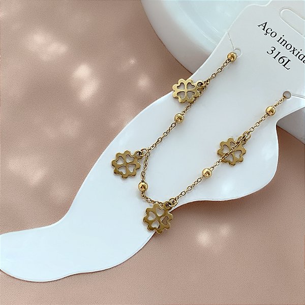 TORNOZELEIRA MINI TREVOS VAZADOS DOURADO AÇO 316L⭐️