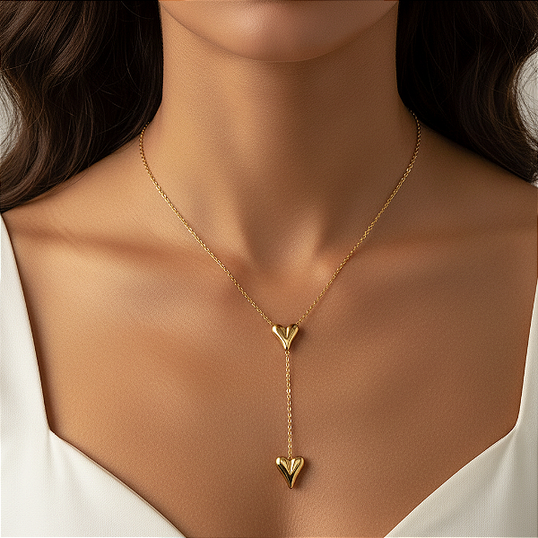 COLAR GRAVATINHA DOIS CORAÇÕES DOURADO AÇO 316L⭐️