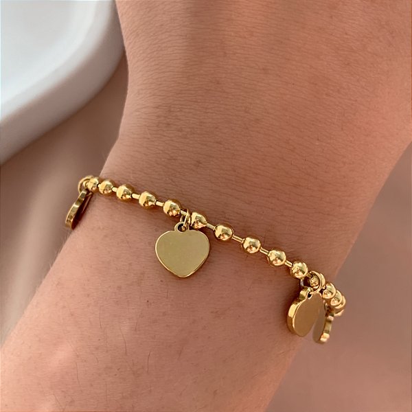 PULSEIRA CORRENTE BOLINHAS PINGENTES CORAÇÕES DOURADO AÇO 316L⭐️