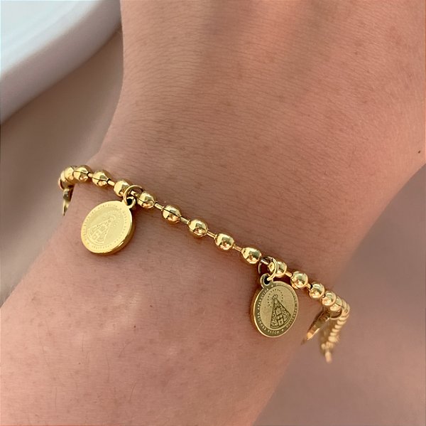 PULSEIRA CORRENTE BOLINHAS PLAQUINHAS NOSSA SENHORA DOURADO AÇO 316L⭐️
