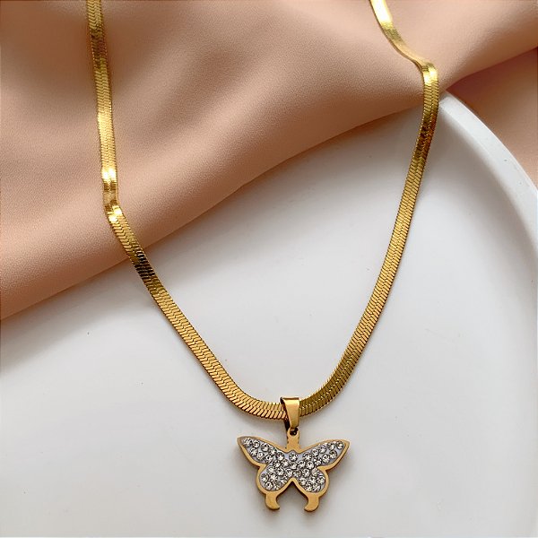 COLAR FITA FINA PINGENTE BORBOLETA ZIRCÔNIAS DOURADO AÇO 316L⭐️