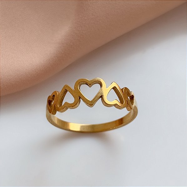 ANEL CORAÇÕES VAZADOS INVERTIDOS DOURADO AÇO 316L⭐️