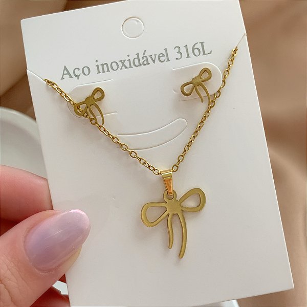 COLAR E BRINCO KIT LACINHO DELICADO DOURADO AÇO 316L⭐️