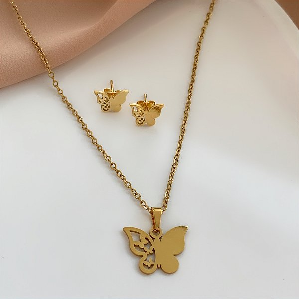 COLAR E BRINCO KIT BORBOLETA VAZADA DESENHADA DOURADO AÇO 316L⭐️