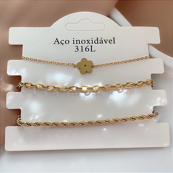 PULSEIRA KIT CORRENTE, FLORZINHA E CORDÃO BAIANO DOURADO AÇO 316L⭐️