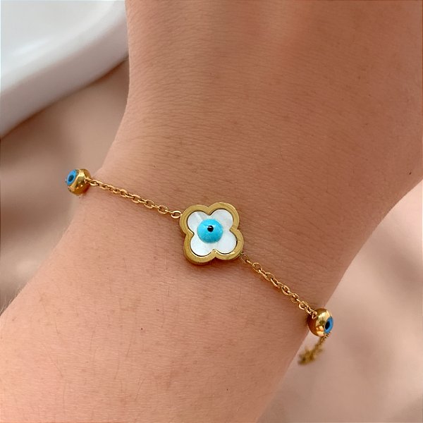 PULSEIRA TREVO OLHO GREGO DOURADO AÇO 316L⭐️