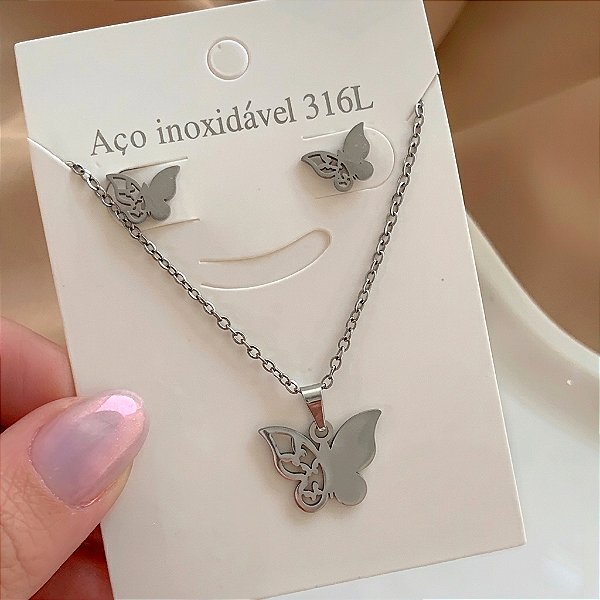 COLAR E BRINCO KIT BORBOLETA VAZADA DESENHADA AÇO 316L⭐️