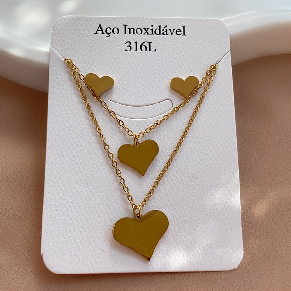 COLAR E BRINCO KIT CORAÇÕES LISOS CLÁSSICOS DOURADO AÇO 316L⭐️