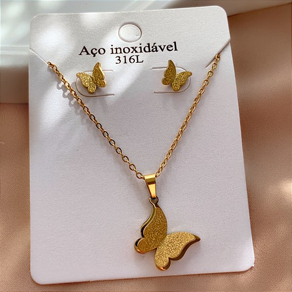 COLAR E BRINCO KIT BORBOLETA TEXTURIZADA DOURADO AÇO 316L⭐️