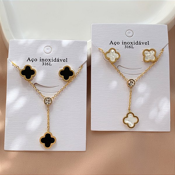COLAR GRAVATINHA E BRINCO KIT TREVO RESINADO PONTO DE LUZ ZIRCÔNIA DOURADO AÇO 316L⭐️