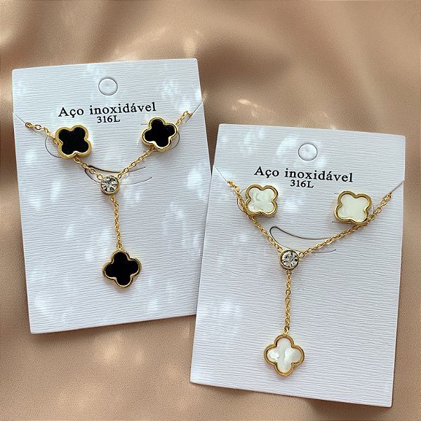 COLAR GRAVTINHA E BRINCO KIT TREVO RESINADO PONTO DE LUZ ZIRCÔNIA DOURADO AÇO 316L⭐️