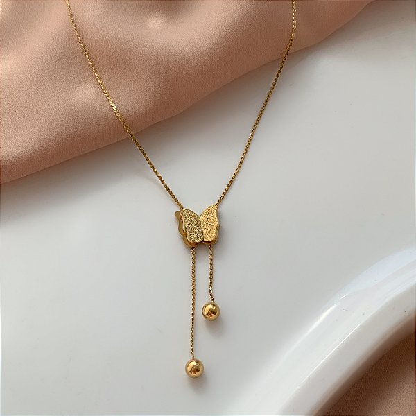 COLAR GRAVATINHA BORBOLETA TEXTURIZADA DOURADO AÇO 316L⭐️