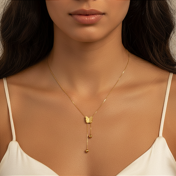 COLAR GRAVATINHA BORBOLETA TEXTURIZADA DOURADO AÇO 316L⭐️