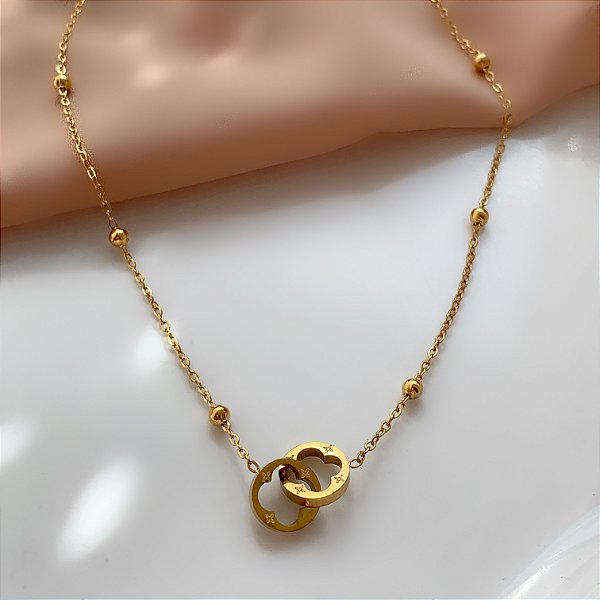 COLAR CORRENTE BOLINHAS TREVOS ENTRELAÇADOS DOURADO AÇO 316L⭐️