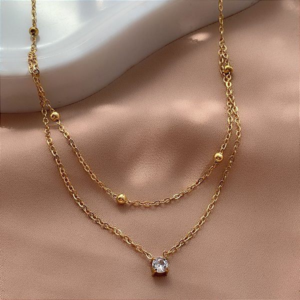 COLAR CORRENTE DUPLA BOLINHAS E PONTO DE LUZ ZIRCÔNIA DOURADO AÇO 316L⭐️