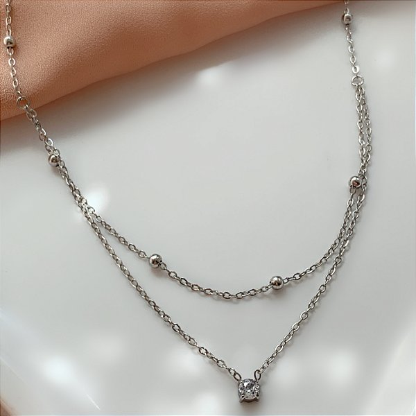 COLAR CORRENTE DUPLA BOLINHAS E PONTO DE LUZ ZIRCÔNIA AÇO 316L⭐️