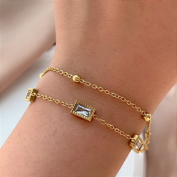 PULSEIRA CORRENTE DUPLA BOLINHAS E ZIRCÔNIAS RETANGULARES DOURADO AÇO 316L⭐️