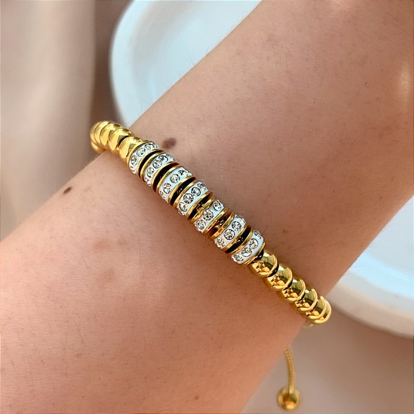 PULSEIRA PINGENTES BOLINHAS LISAS E ZIRCÔNIAS FECHO GRAVATA DOURADO AÇO 316L⭐️