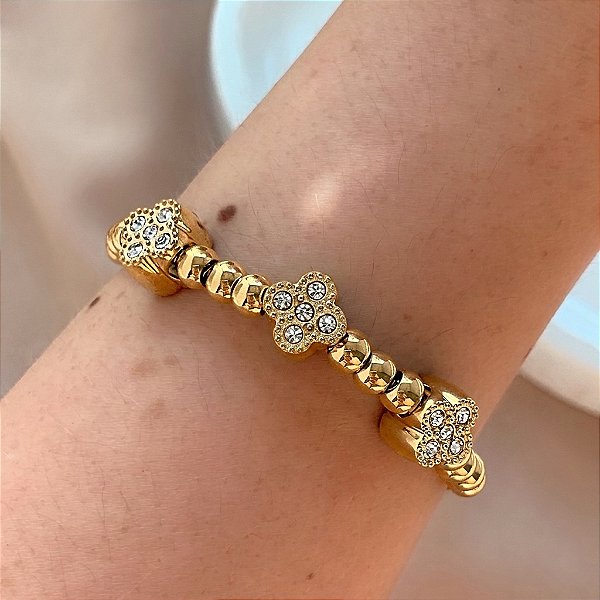 PULSEIRA PINGENTES BOLINHAS E TREVOS MINI ZIRCÔNIAS FECHO GRAVATA DOURADO AÇO 316L⭐️