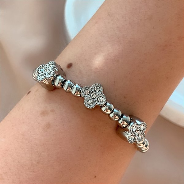 PULSEIRA PINGENTES BOLINHAS E TREVOS MINI ZIRCÔNIAS FECHO GRAVATA AÇO 316L⭐️