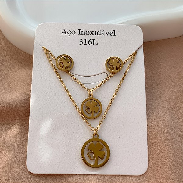 COLAR E BRINCO KIT PLAQUINHA TEVO LISO DOURADO AÇO 316L⭐️