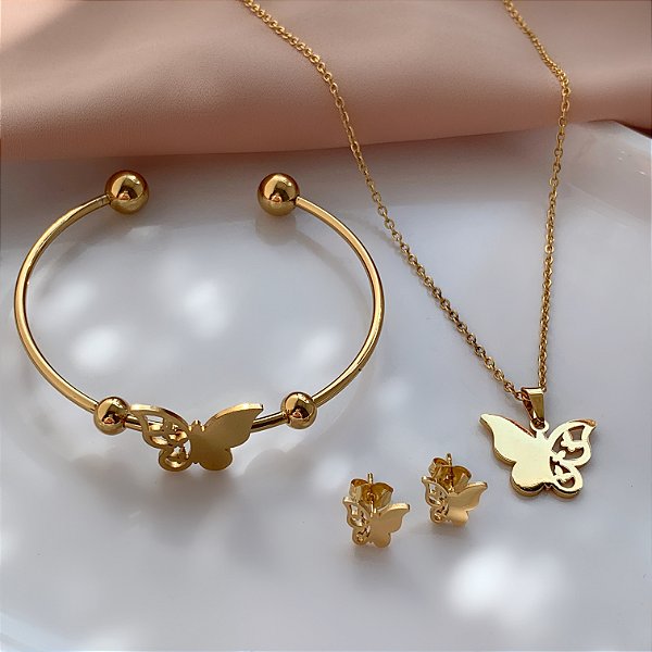 ACESSÓRIOS KIT BORBOLETA VAZADA DESENHADA DOURADO AÇO 316L⭐️