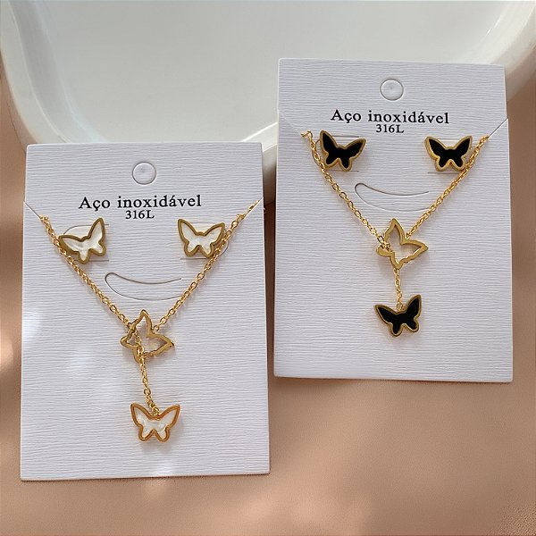 COLAR E BRINCO KIT GRAVATINHA BORBOLETAS RESINADAS TRANSPASSADAS DOURADO AÇO 316L⭐️