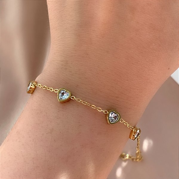 PULSEIRA CORAÇÕES ZIRCÔNIAS LISAS DOURADO AÇO 316L⭐️