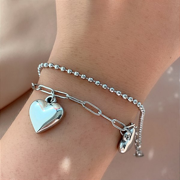 PULSEIRA CORRENTE DUPLA BOLINHAS E CORAÇÕES LISOS AÇO 316L⭐️