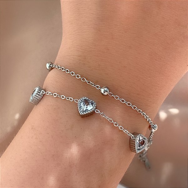 PULSEIRA CORRENTE DUPLA BOLINHAS E ZIRCÔNIAS CORAÇÕES AÇO 316L⭐️
