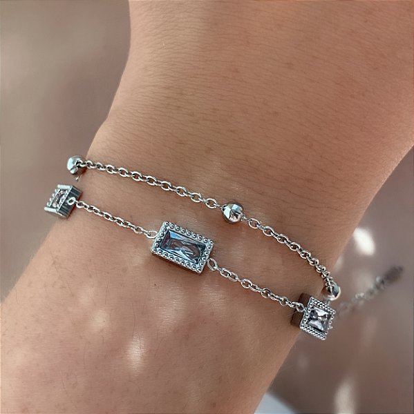 PULSEIRA CORRENTE DUPLA BOLINHAS E ZIRCÔNIAS RETANGULARES AÇO 316L⭐️