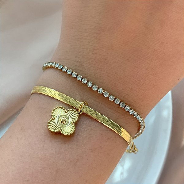 PULSEIRA CORRENTE DUPLA FITA FINA E ZIRCÔNIAS TREVO DESENHADO DOURADO AÇO 316L⭐️
