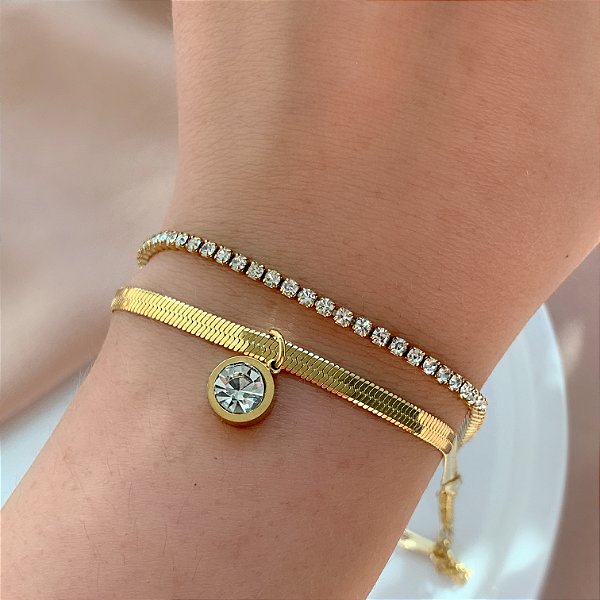 PULSEIRA CORRENTE DUPLA FITA FINA E ZIRCÔNIAS PONTO DE LUZ DOURADO AÇO 316L⭐️