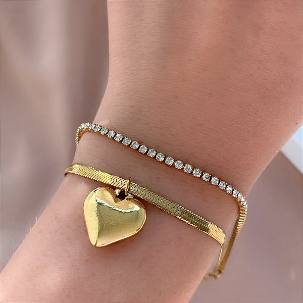 PULSEIRA CORRENTE DUPLA FITA FINA E ZIRCÔNIAS CORAÇÃO LISO DOURADO AÇO 316L⭐️