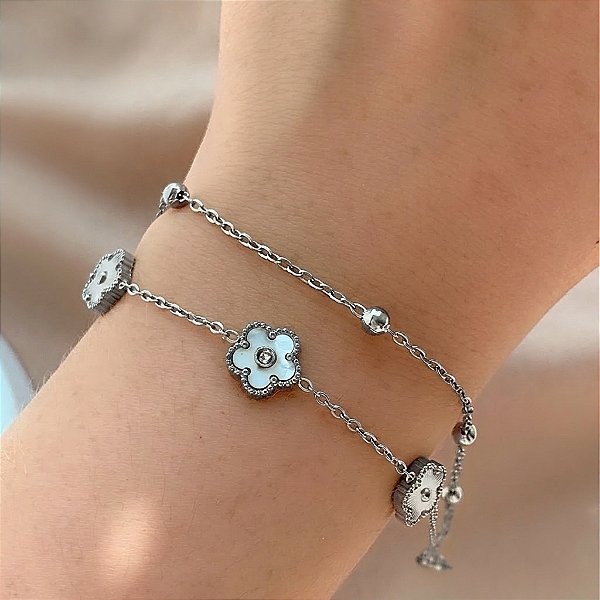 PULSEIRA CORRENTE DUPLA BOLINHAS E FLORZINHAS AÇO 316L⭐️