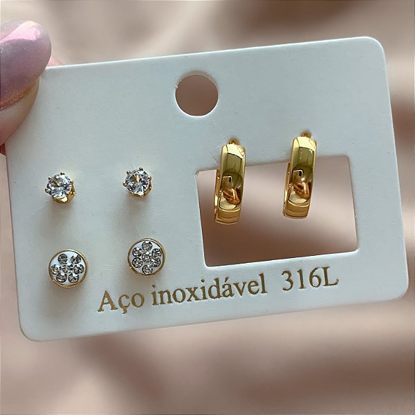BRINCO KIT ARGOLINHA E ZIRCÔNIAS DOURADO AÇO 316L⭐️