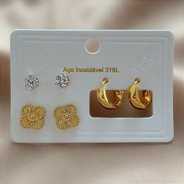 BRINCO KIT ARGOLINHA, TREVO DESENHADO E ZIRCÔNIA DOURADO AÇO 316L⭐️