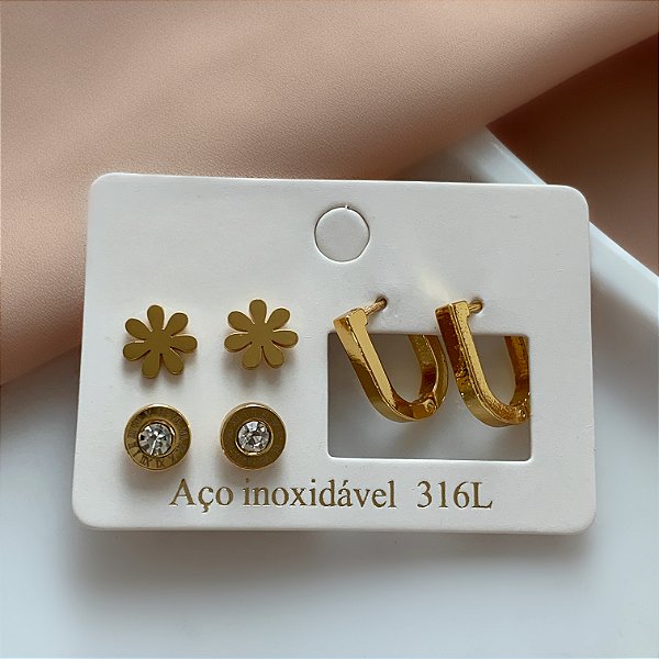 BRINCO KIT ARGOLINHA OVAL, FLOR E PONTO DE LUZ ZIRCÔNIA DOURADO AÇO 316L⭐️