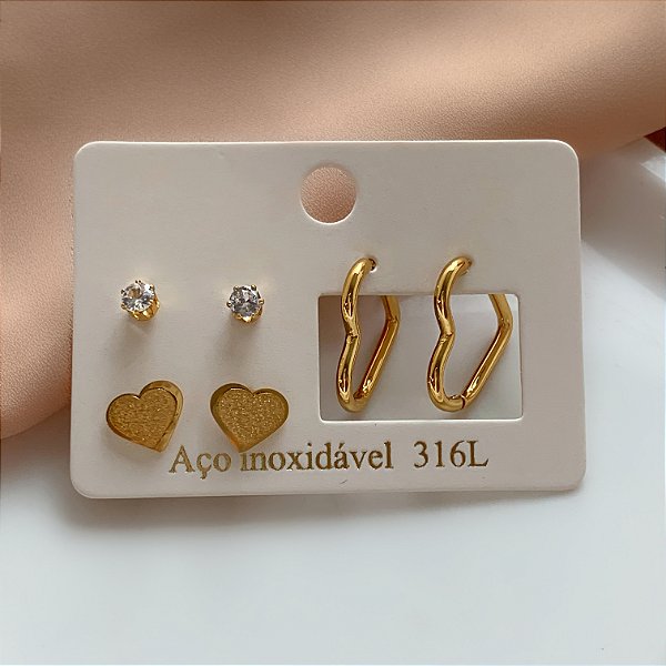 BRINCO KIT ARGOLINHA CORAÇÃO E PONTO DE LUZ DOURADO AÇO 316L⭐️
