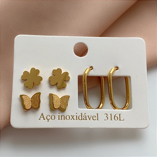 BRINCO KIT ARGOLINHA OVAL, BORBOLETA E TREVO DOURADO AÇO 316L⭐️