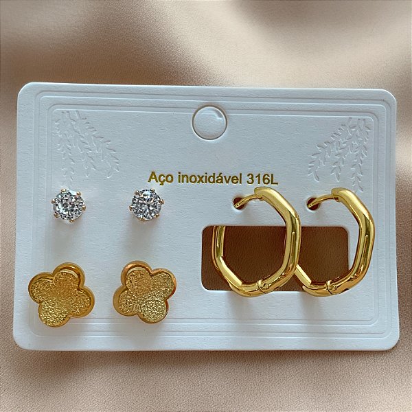 BRINCO KIT ARGOLINHA HEXÁGONO, TREVO TEXTURIZADO E PONTO DE LUZ DOURADO AÇO 316L⭐️