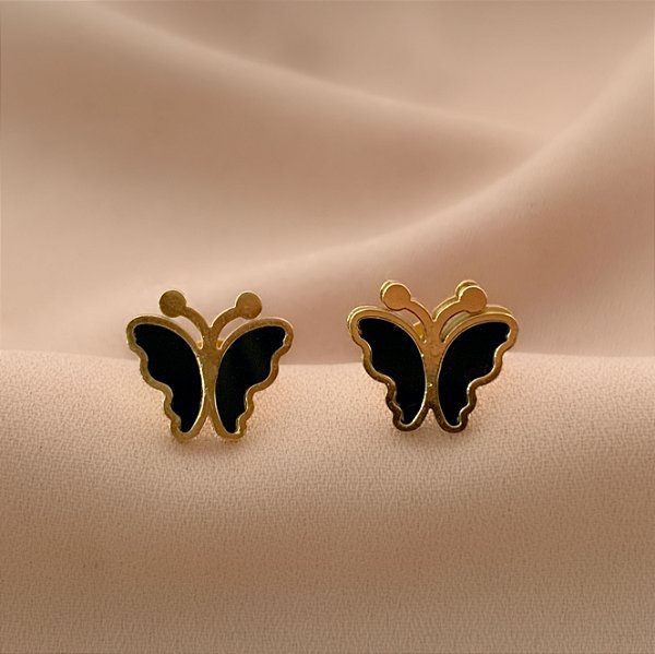 BRINCO BORBOLETA RESINADA PRETA BORDA DOURADO AÇO 316L⭐️