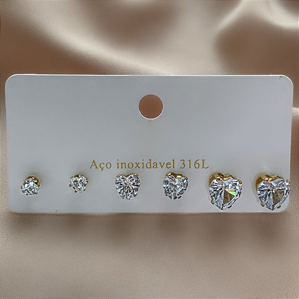 BRINCO KIT CORAÇÕES ZIRCÔNIAS DOURADO AÇO 316L⭐️