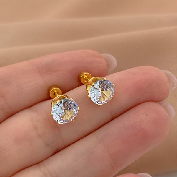 BRINCO PONTO DE LUZ ZIRCÔNIA M TARRAXA ROSCA DOURADO AÇO 316L⭐️