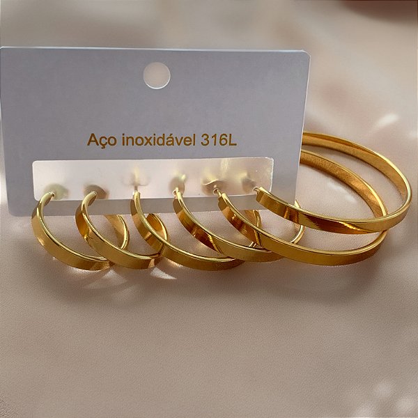 BRINCO KIT ARGOLAS CLÁSSICAS FIO ACHATADO DOURADO AÇO 316L⭐️
