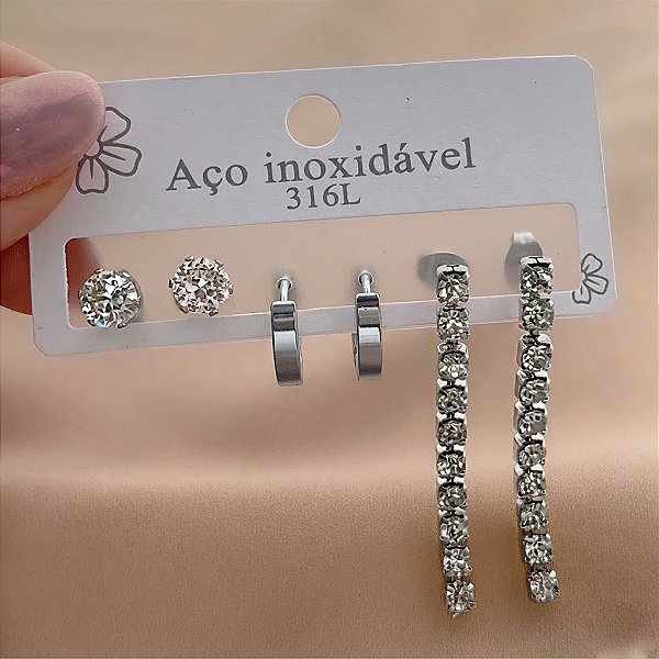 BRINCO KIT ARGOLINHA, PENDENTE ZIRCÔNIAS E PONTO DE LUZ AÇO 316L⭐️
