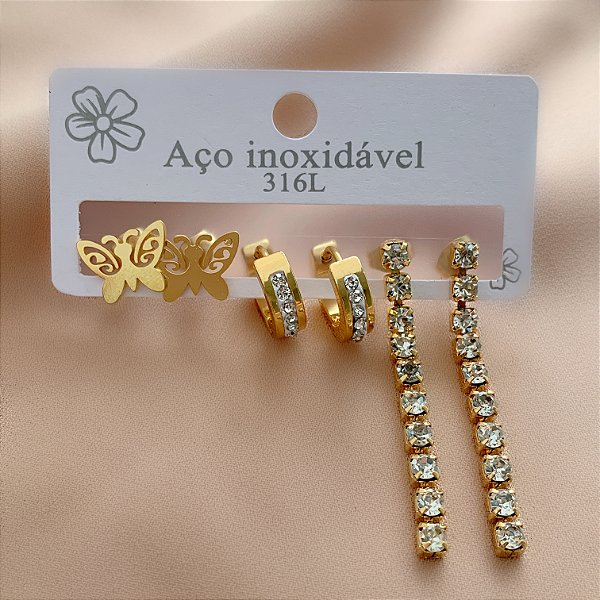 BRINCO KIT ARGOLINHA ZIRCÔNIAS, PENDENTE ZIRCÔNIAS E BORBOLETA DOURADO AÇO 316L⭐️