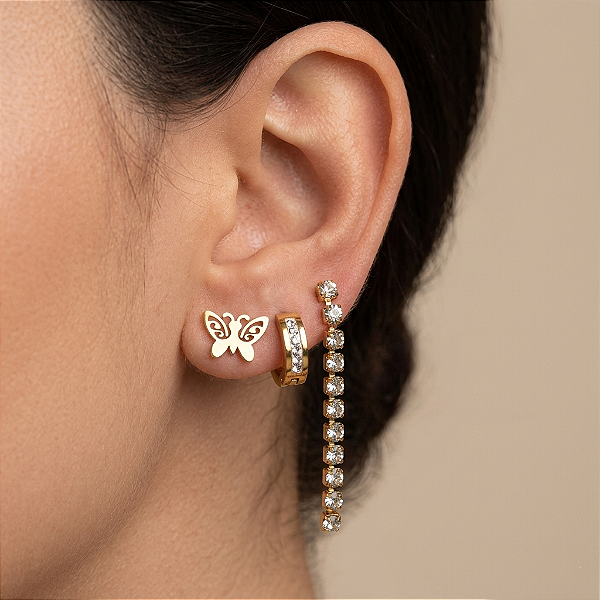 BRINCO KIT ARGOLINHA ZIRCÔNIAS, PENDENTE ZIRCÔNIAS E BORBOLETA DOURADO AÇO 316L⭐️