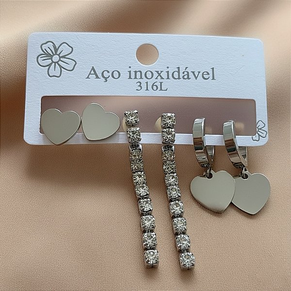 BRINCO KIT ARGOLINHA CORAÇÃO E PENDENTE ZIRCÔNIAS AÇO 316L⭐️