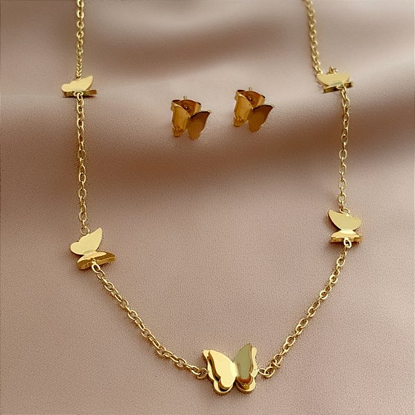 COLAR E BRINCO KIT MINI BORBOLETINHAS DOURADO AÇO 316L⭐️